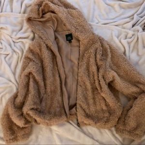 Tan faux fur jacket with hood